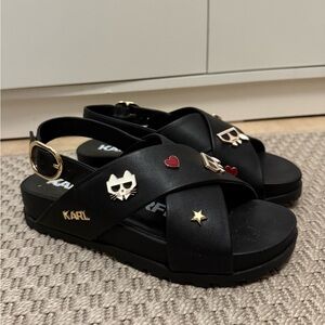 Karl Lagerfeld Black Sandals with Gold and Red Details